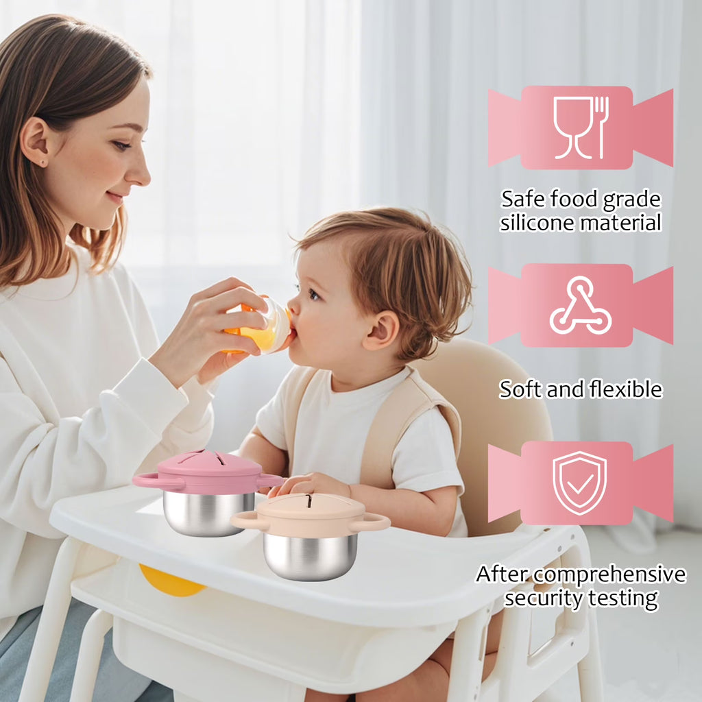 Qianwei 2-Pack Stainless Steel Snack Containers for Toddlers with Spill-Proof Silicone Lids & Handles