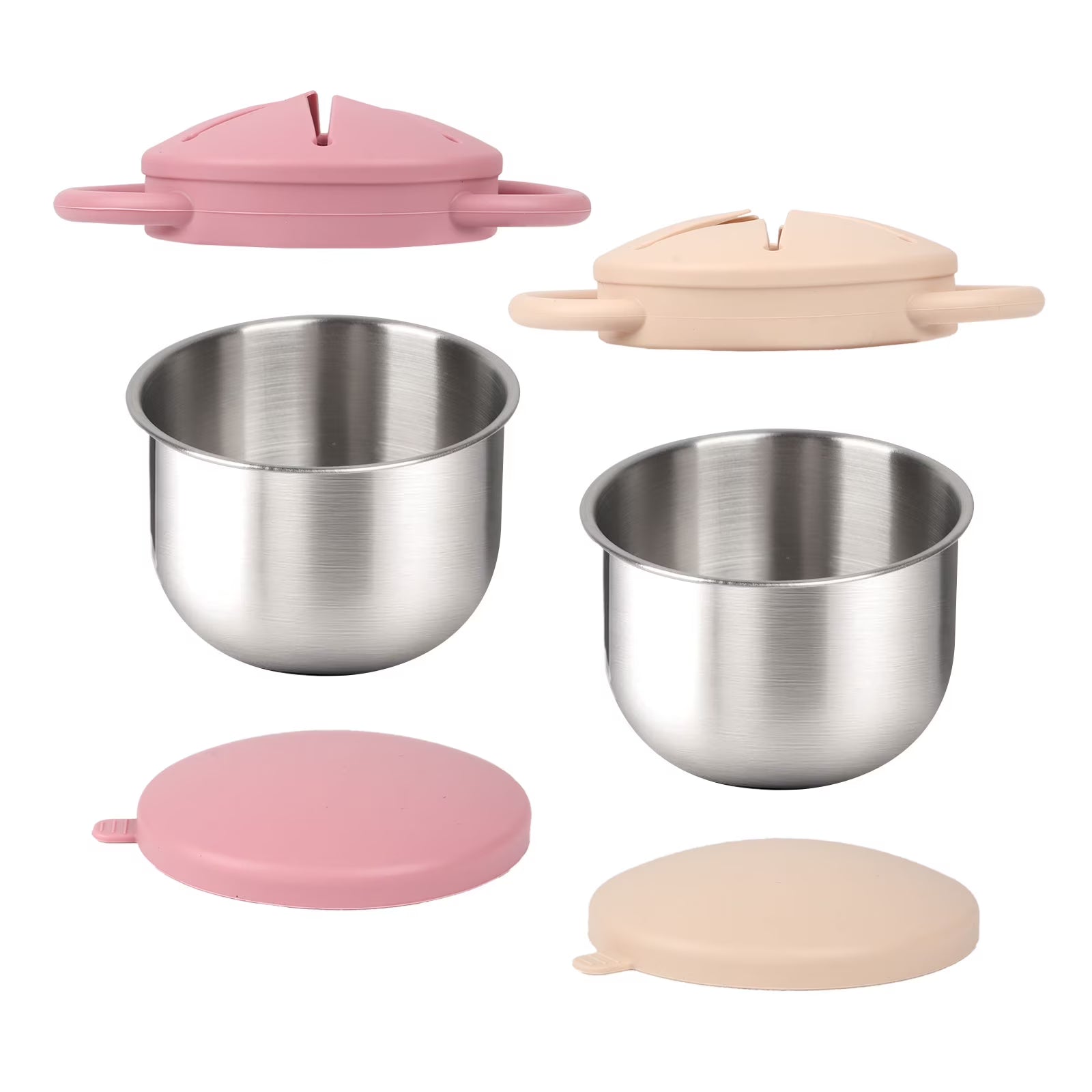 Qianwei 2-Pack Stainless Steel Snack Containers for Toddlers with Spill-Proof Silicone Lids & Handles