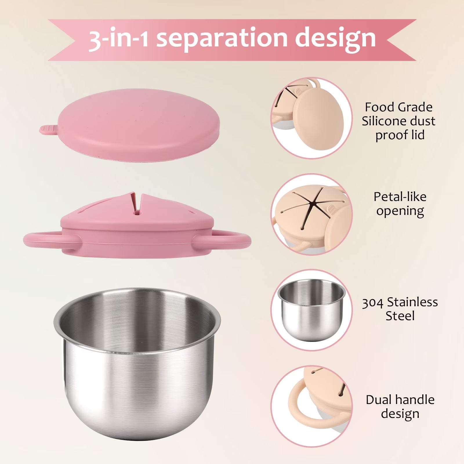 Qianwei 2-Pack Stainless Steel Snack Containers for Toddlers with Spill-Proof Silicone Lids & Handles