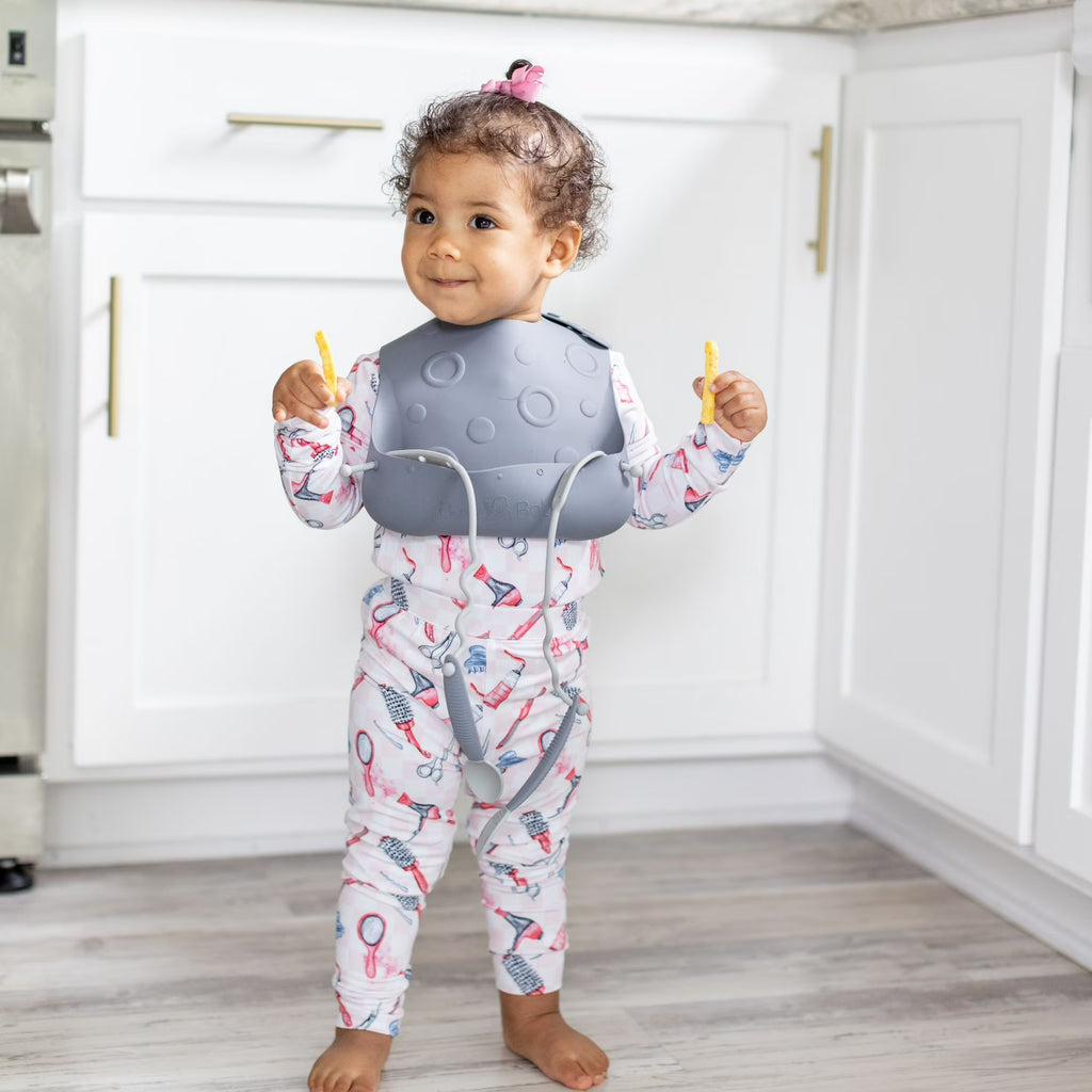 Busy Baby Silicone Baby Bib with Food Catcher, Utensils and Straps – BPA-Free Toddler Bib
