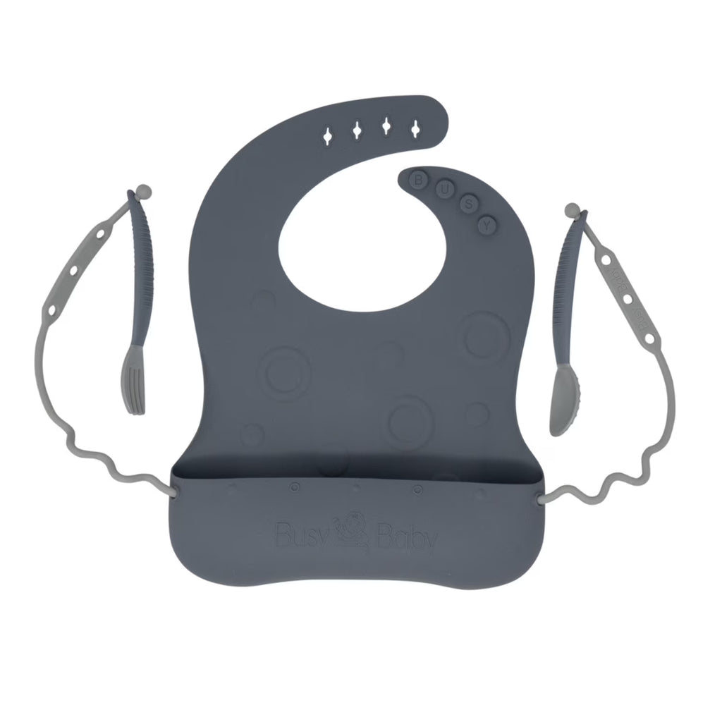 Busy Baby Silicone Baby Bib with Food Catcher, Utensils and Straps – BPA-Free Toddler Bib