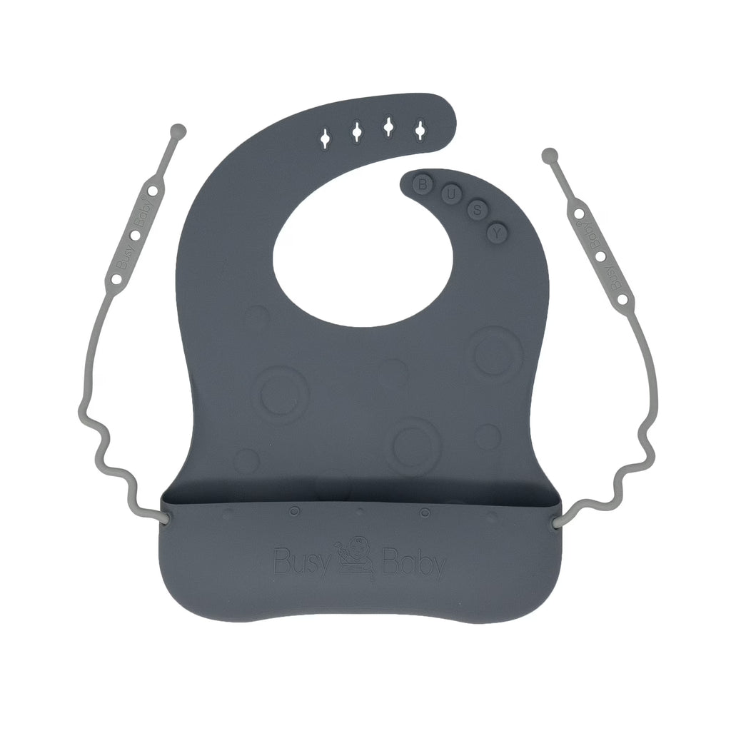 Busy Baby Silicone Baby Bib with Food Catcher, Utensils and Straps – BPA-Free Toddler Bib
