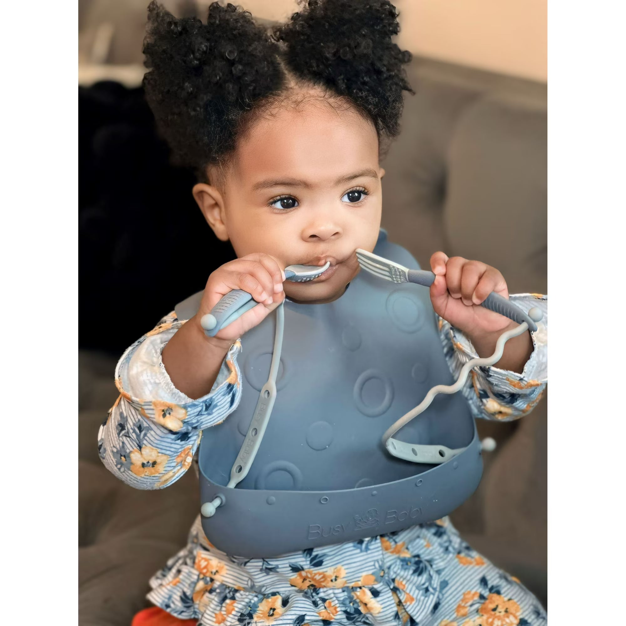 Busy Baby Silicone Baby Bib with Food Catcher, Utensils and Straps – BPA-Free Toddler Bib