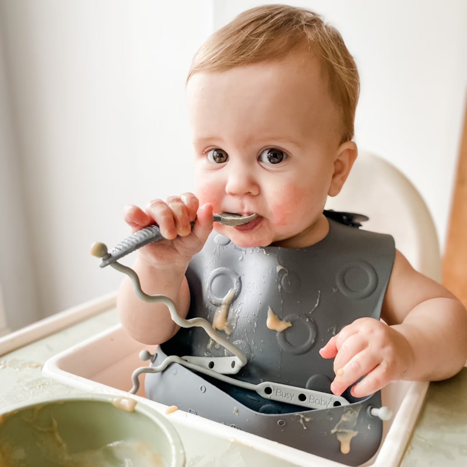 Busy Baby Silicone Baby Bib with Food Catcher, Utensils and Straps – BPA-Free Toddler Bib