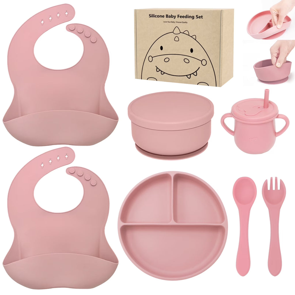 Benoxine Silicone Suction Plates & Baby Bib Feeding Set – 7Pcs BPA-Free Silicone Meal Set