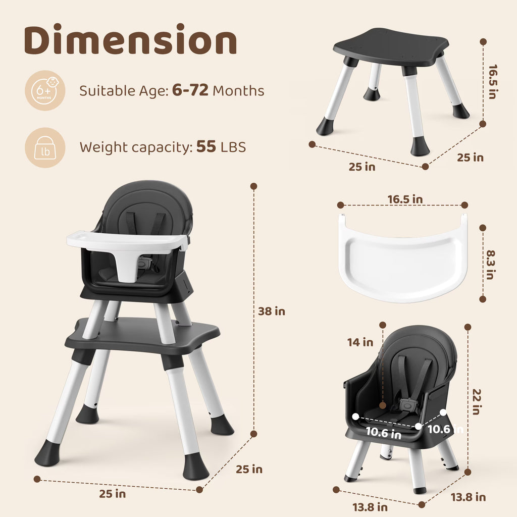 AILEEKISS 8-in-1 Baby High Chair, Toddler Booster Seat with Dishwasher-Safe Tray