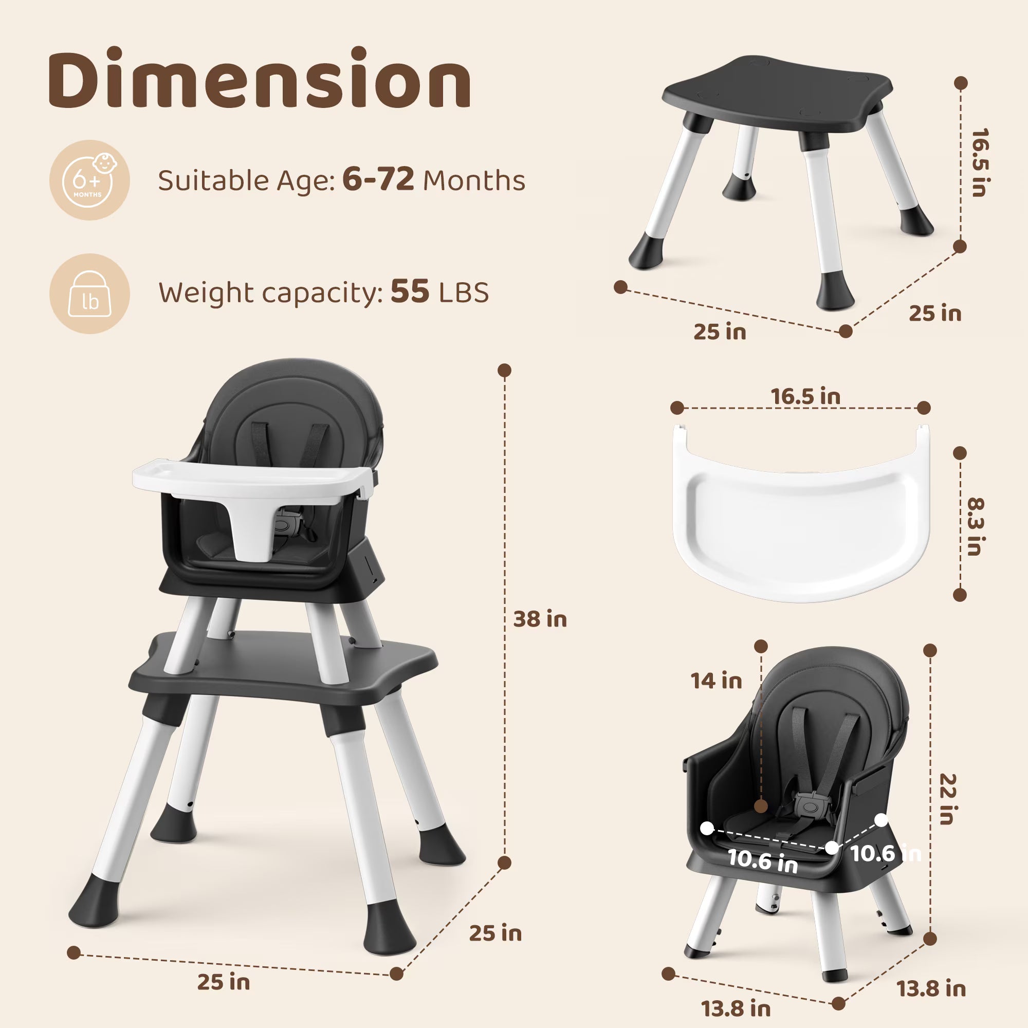 AILEEKISS 8-in-1 Baby High Chair, Toddler Booster Seat with Dishwasher-Safe Tray
