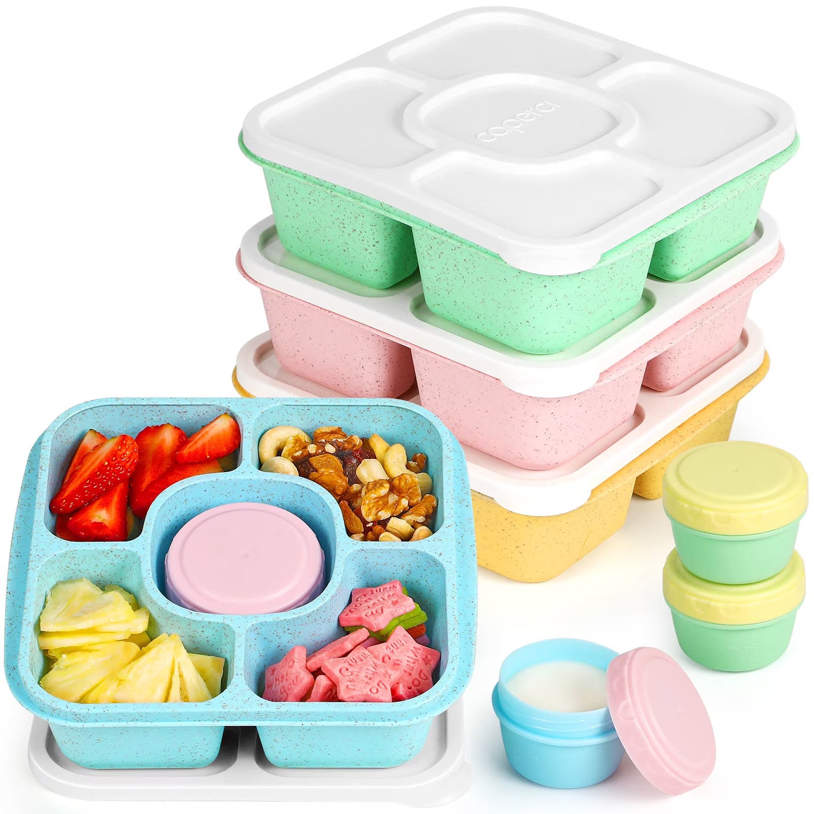 Caperci 4 Pack Lunchable Containers – 5 Compartment Bento Snack Boxes with Sauce Cups