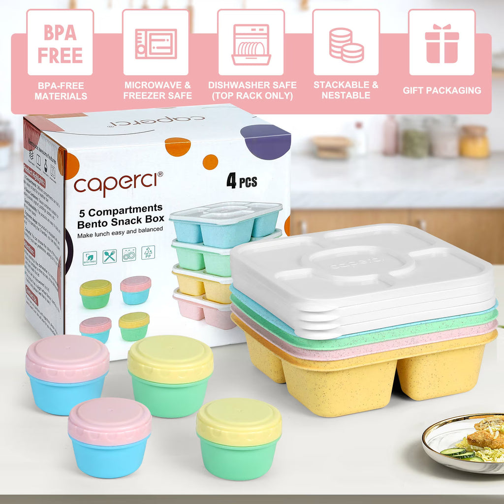 Caperci 4 Pack Lunchable Containers – 5 Compartment Bento Snack Boxes with Sauce Cups