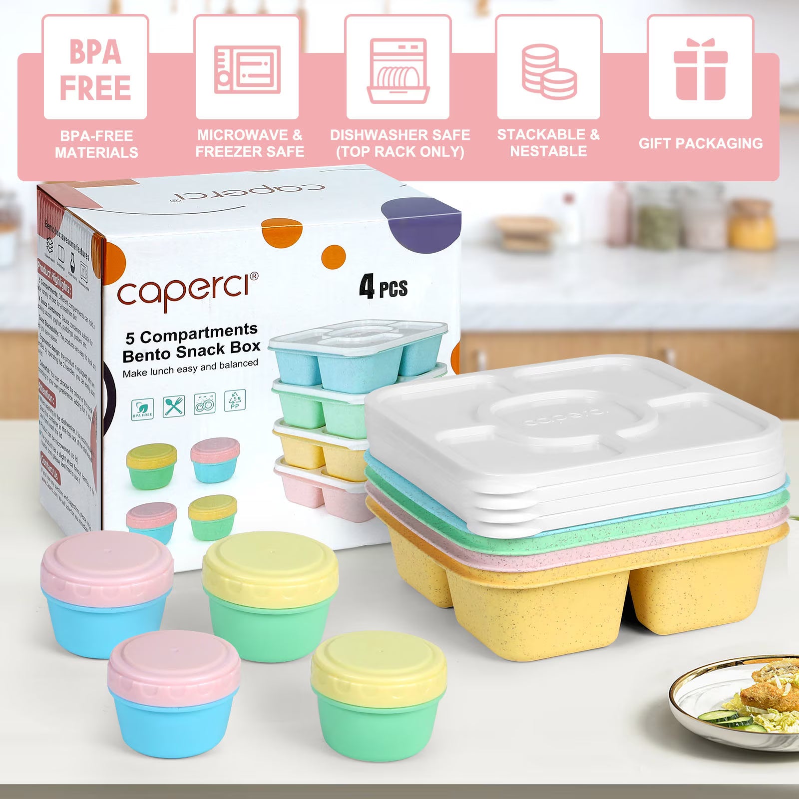 Caperci 4 Pack Lunchable Containers – 5 Compartment Bento Snack Boxes with Sauce Cups