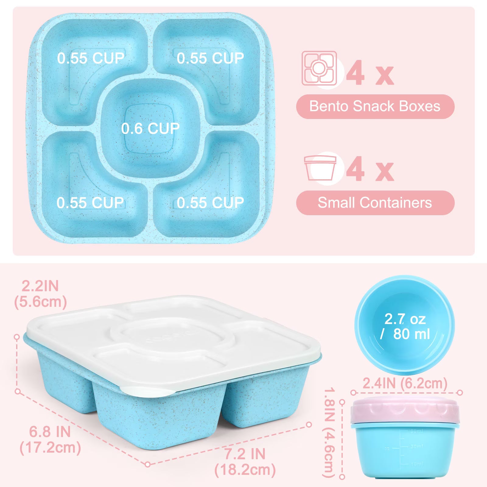 Caperci 4 Pack Lunchable Containers – 5 Compartment Bento Snack Boxes with Sauce Cups