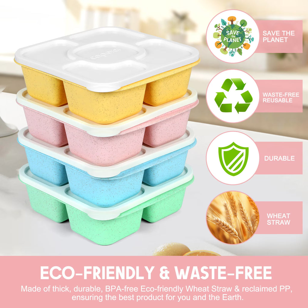 Caperci 4 Pack Lunchable Containers – 5 Compartment Bento Snack Boxes with Sauce Cups