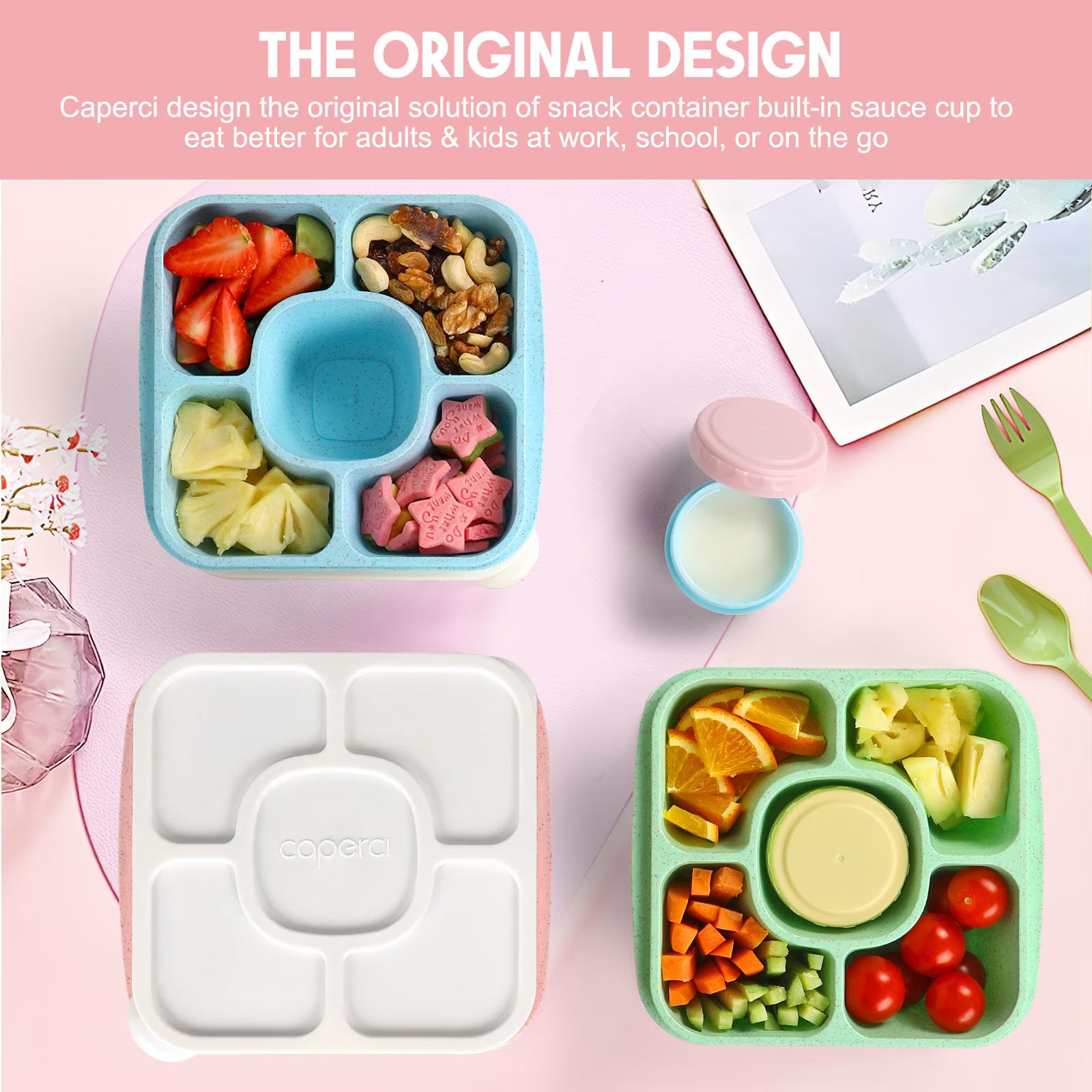 Caperci 4 Pack Lunchable Containers – 5 Compartment Bento Snack Boxes with Sauce Cups